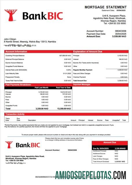 imprimível Modelo Word e PDF de declaração de hipoteca do Banco da Namíbia BIC Namíbia